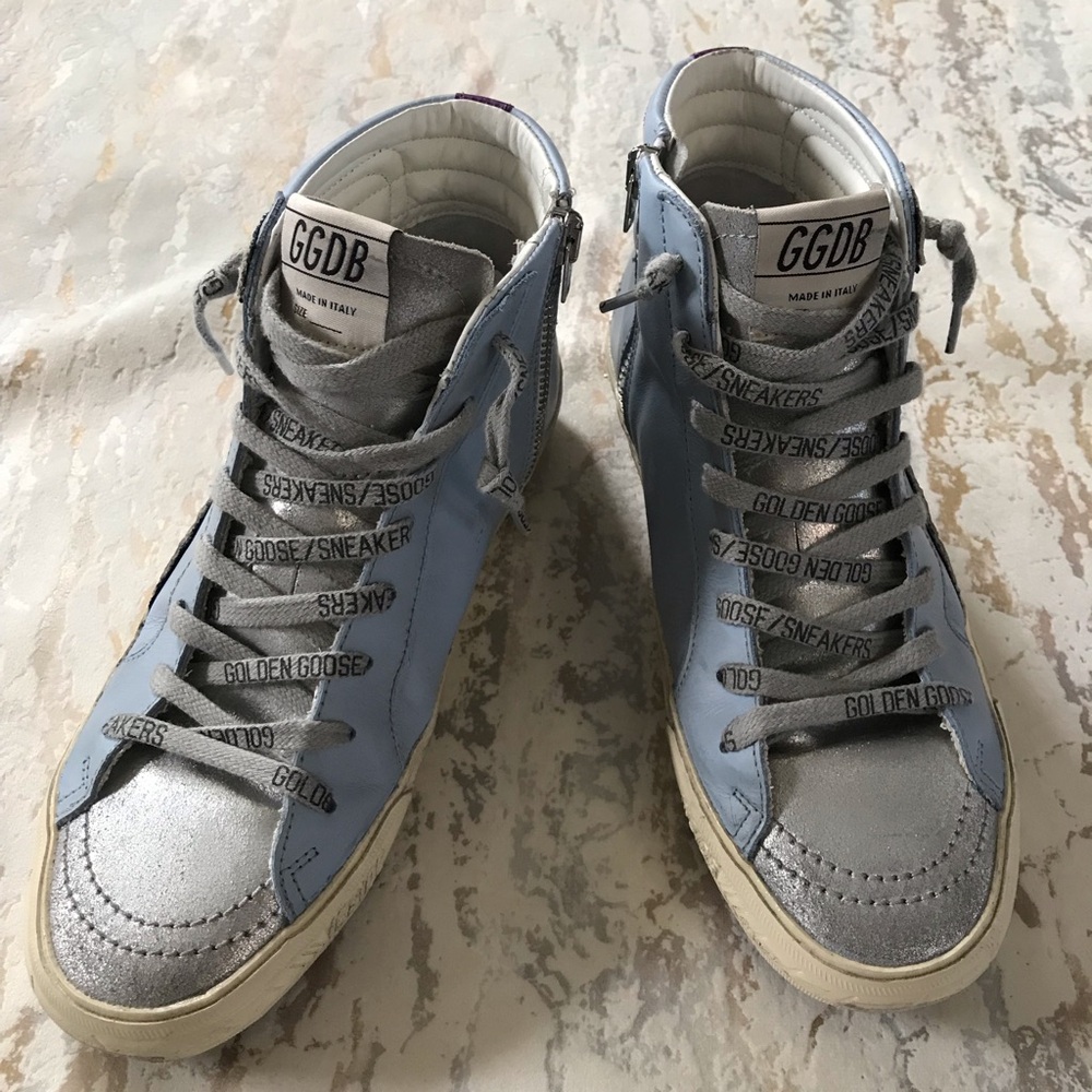🏇Golden Goose Distressed Light Blue & Silver Hi-Top Sneakers - Picture 12 of 13